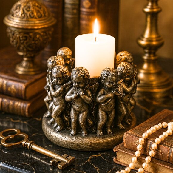 Antique Ornate Cherubs Angel Playing Instruments Candle Holder - Picture 1 of 12